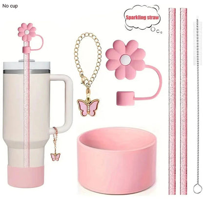 6pcs Reusable Accessories Set for Stanley 40oz Tumblers - Bow Straw Covers, Sparkling Straw, Protective Boot, Charm Chains Good Vibrations Adult Super Store