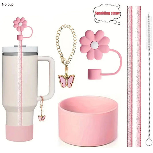 6pcs Reusable Accessories Set for Stanley 40oz Tumblers - Bow Straw Covers, Sparkling Straw, Protective Boot, Charm Chains Good Vibrations Adult Super Store