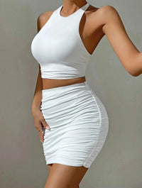 Women White Sexy Halter Neck Sleeveless Backless Two Piece Set Strapless Pleated Slim Bodycon Evening Dresses Good Vibrations Adult Super Store