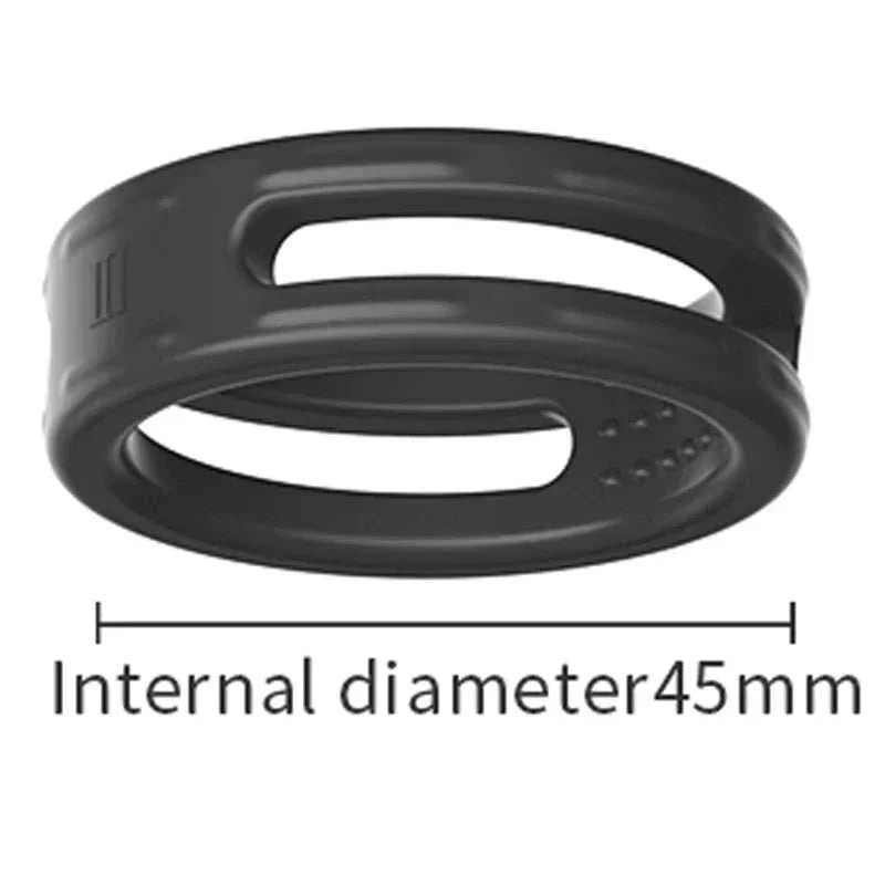 Semen lock ring male masturbator with 45mm internal diameter in black silicone.