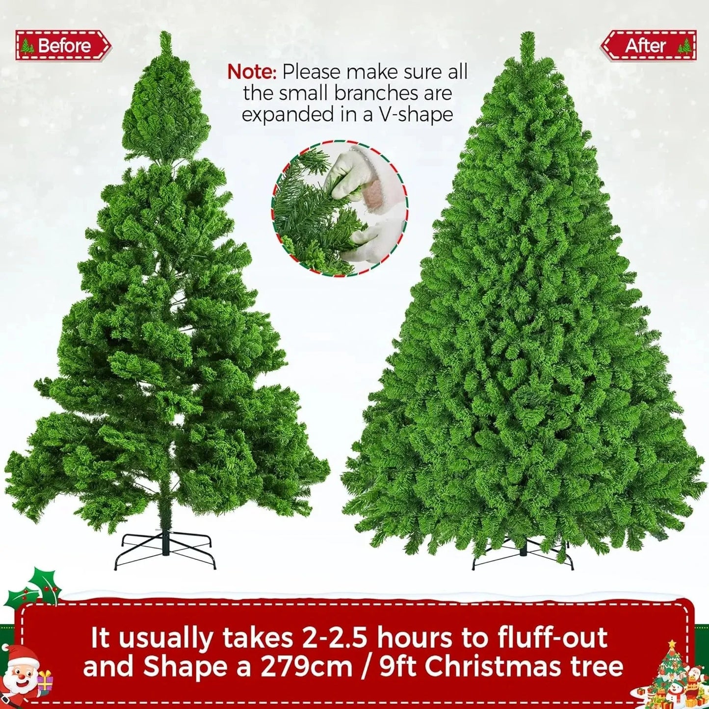 5 to 10ft Artificial Christmas Tree , Snow Flocked Full Prelighted Xmas Tree with 2084 Branch Tips, 900 Incandescent Lights Good Vibrations