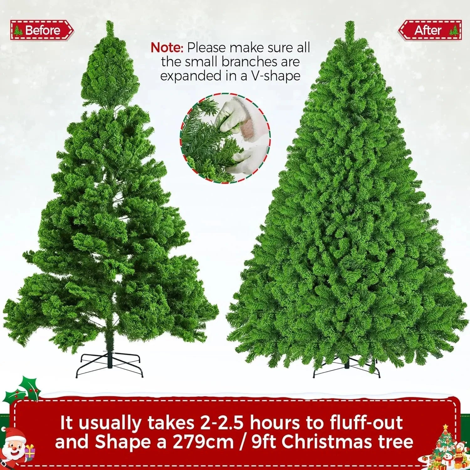 5 to 10ft Artificial Christmas Tree , Snow Flocked Full Prelighted Xmas Tree with 2084 Branch Tips, 900 Incandescent Lights Good Vibrations
