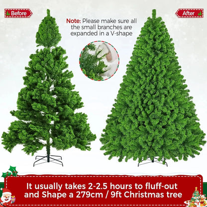 5 to 10ft Artificial Christmas Tree , Snow Flocked Full Prelighted Xmas Tree with 2084 Branch Tips, 900 Incandescent Lights Good Vibrations