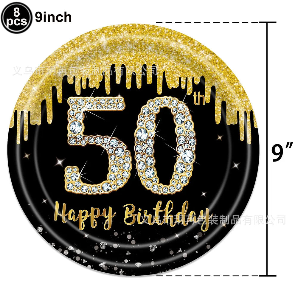 50th Birthday Party Supplies for Men Women Black and Gold 50 Years Old Party Paper Plates Cups Napkin Tablecloth Tableware Decor Good Vibrations