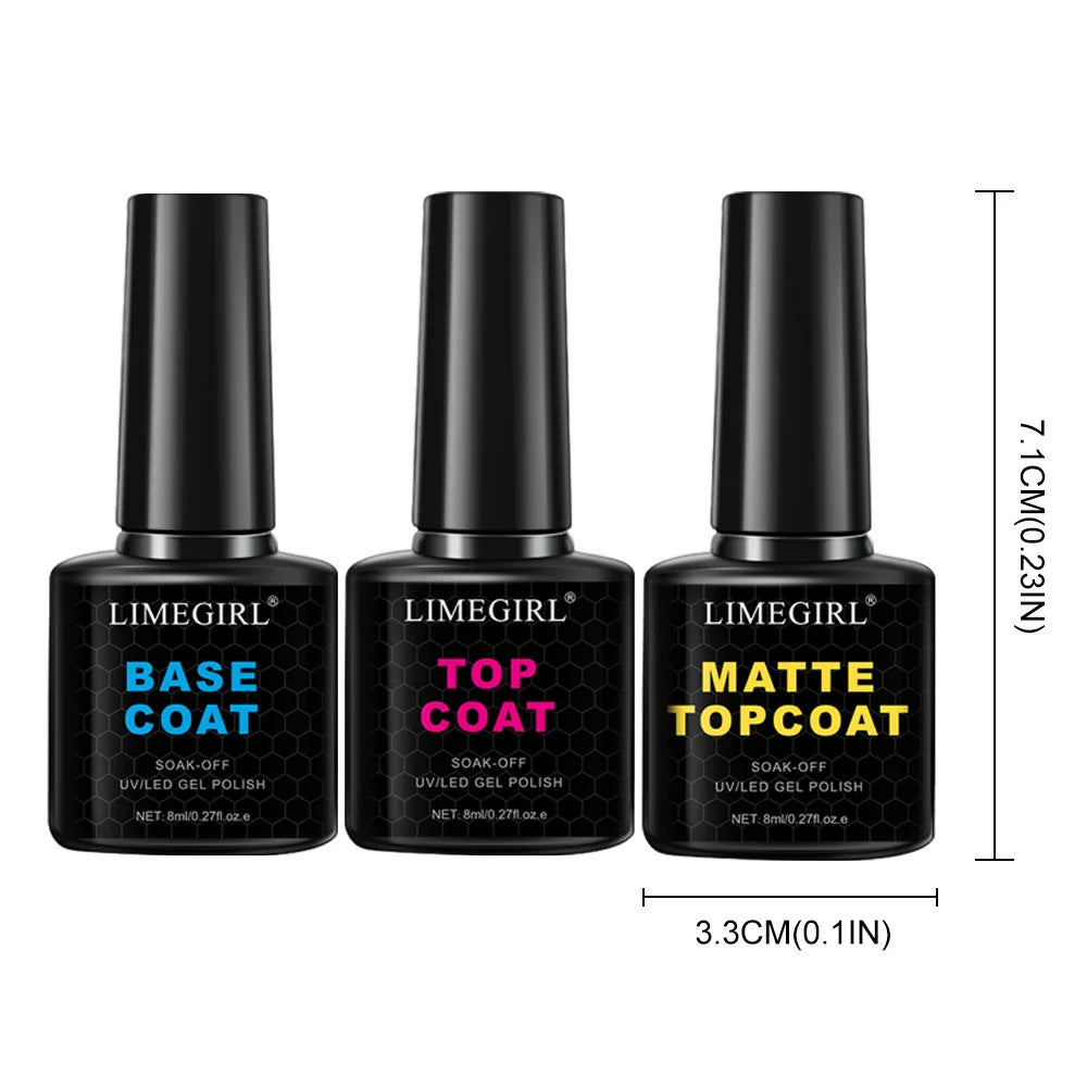 LIMEGIRL 8ml Soak Off Matte Top Base Coat for Nails UV Gel Polish Semi Permanent Functional Manicure Top Base Coat Varnish Good Vibrations