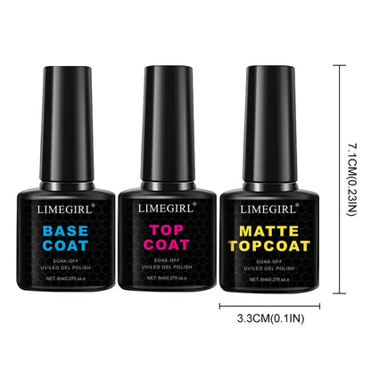 LIMEGIRL 8ml Soak Off Matte Top Base Coat for Nails UV Gel Polish Semi Permanent Functional Manicure Top Base Coat Varnish Good Vibrations