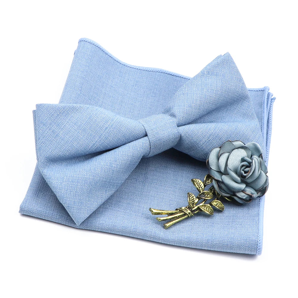 Mens Wedding Bowtie Brooch Set Romantic Solid Color Bamboo Fiber Bowknot Flower Lapel Pin Blue Pink Cravat Suit Shirt Accessory Good Vibrations