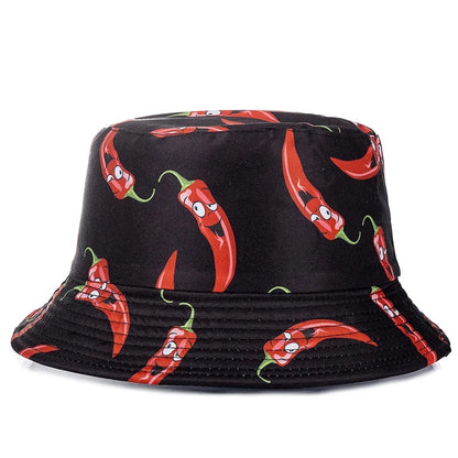 Hot Sale Unisex Bucket Hats Summer Double-sided Wear Fruit Printing Women Cap Outdoor Sun Hat Men Classic Panama Bucket Hat Good Vibrations