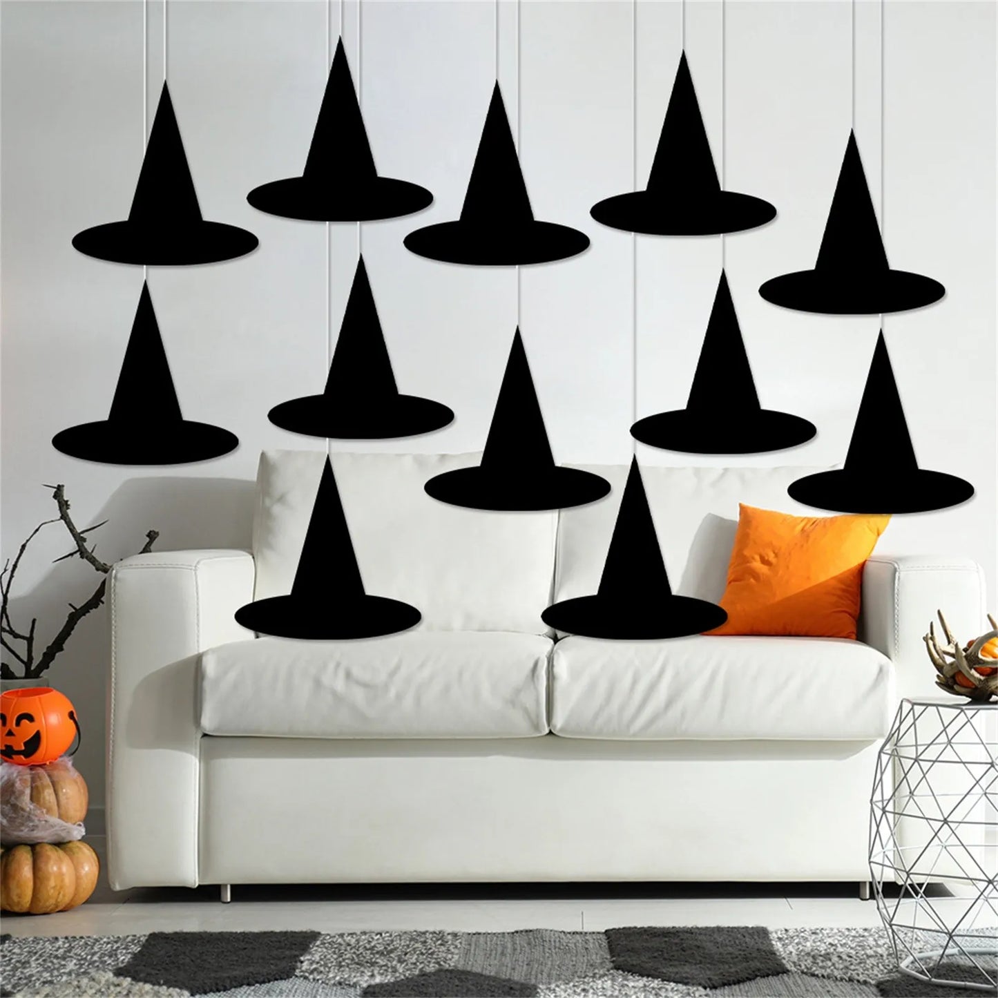 12 Pices Halloween Hangs Decor Holiday Theme Party Black Hanging Witch Hat Props Indoor Outdoor Floating Dress-up Accessories Good Vibrations