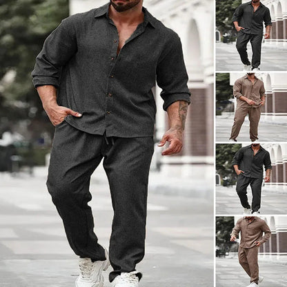 Men Shirt 2 Piece Sets Top Straight Pants Suit Single Breasted Turn Down Collar Drawstring Outfits 2025 Autumn Casual Ensemble Good Vibrations