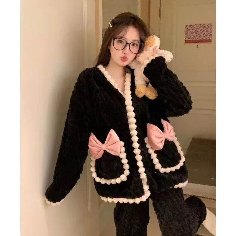 Autumn Winter Plush Sleepwear Women's Sweet Internet Famous INS Style Warm Long Sleeve Coral Fleece Home Clothes Set Good Vibrations