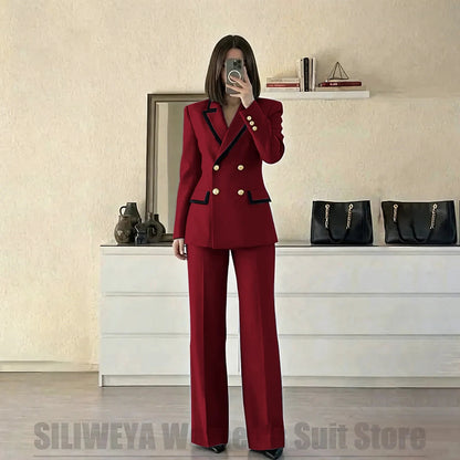 Women's Red Suit Two Piece Set Double Breasted Blazer with Black Trim and Pants Elegant Formal Fashion Daily Casual Party Tuxedo Good Vibrations
