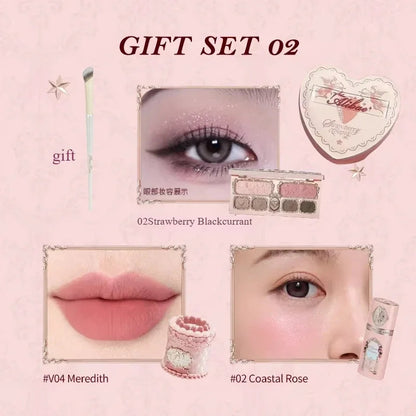 Flower Knows Strawberry Cupid Collection Makeup Gift Set include Make-up Palette+Cake Lip Cream+Liquid Blush+Powder Puff+blush Good Vibrations