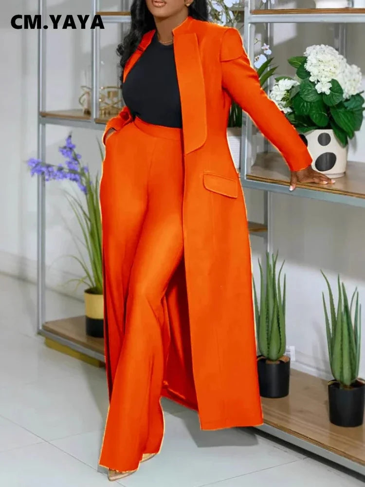 CM.YAYA Women's Set Full Sleeve X-Long Blazer Coat+ Long Pant Suit 2025 Spring Streetwear Two 2 Piece Set Africa OL Work Outfits Good Vibrations