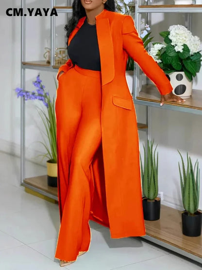 CM.YAYA Women's Set Full Sleeve X-Long Blazer Coat+ Long Pant Suit 2025 Spring Streetwear Two 2 Piece Set Africa OL Work Outfits Good Vibrations