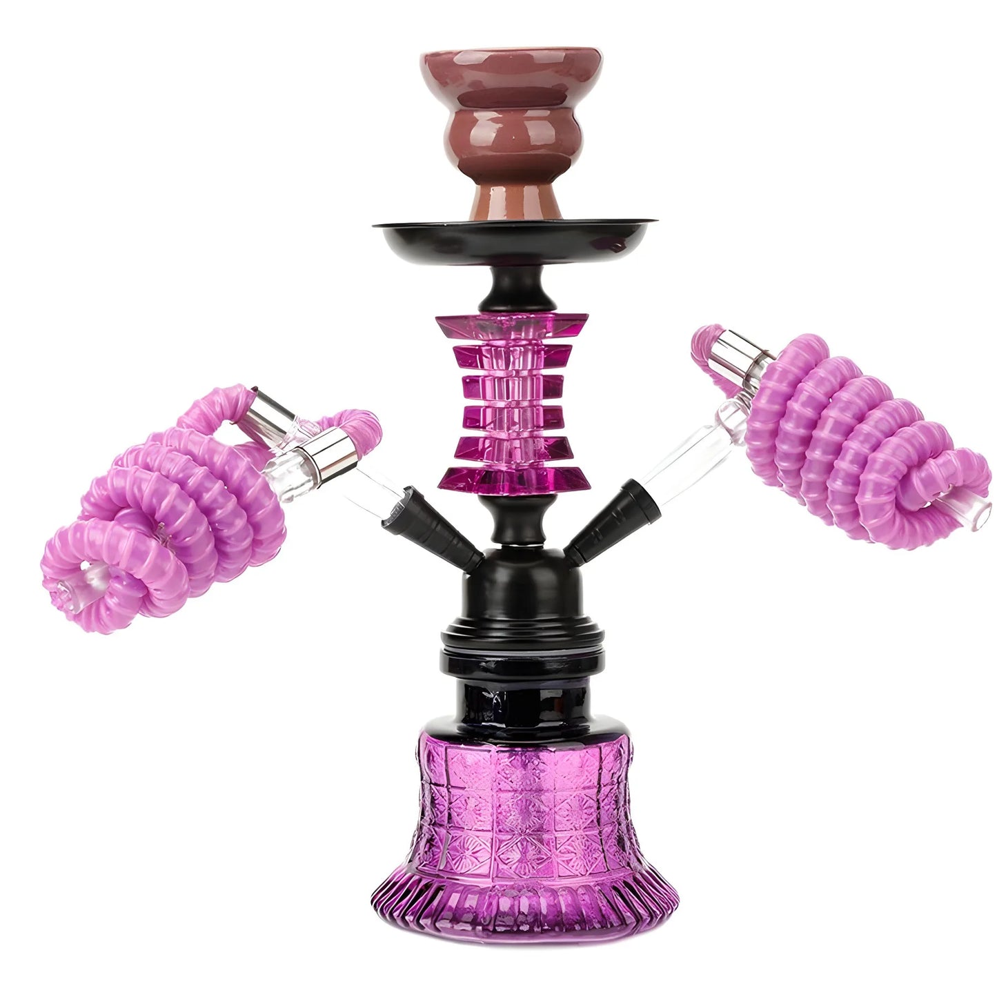 Ceramic hookah set with two tubes and glass bottle in purple, perfect for travel and home decoration.