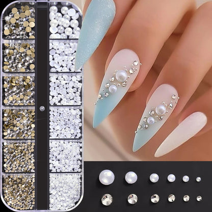 12Grid 3D Gold Ocean Rivet Nail Charms Mixed Seahorsea/Starfish /Conch Pearl/Mini Caviar Beads/Rhinestone Nail Jewery Decoration Good Vibrations