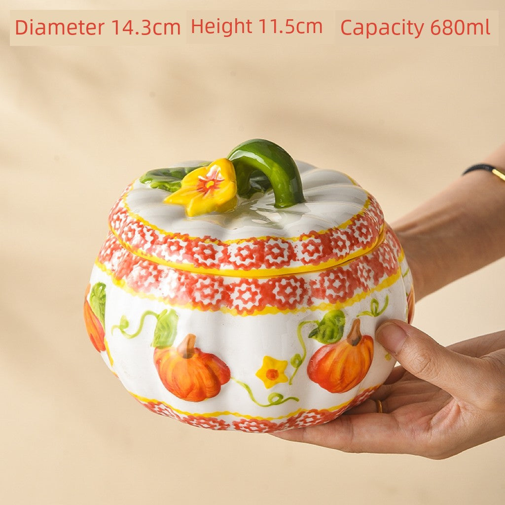 Pumpkin-Shaped Soup Bowl with Lid, Double-Handle Ceramic High-Temperature Resistant Lard Container, Can Be Stored in the Refrigerator, Large Stew Pot Good Vibrations