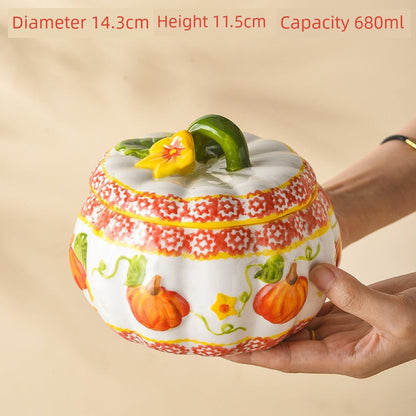 Pumpkin-Shaped Soup Bowl with Lid, Double-Handle Ceramic High-Temperature Resistant Lard Container, Can Be Stored in the Refrigerator, Large Stew Pot Good Vibrations
