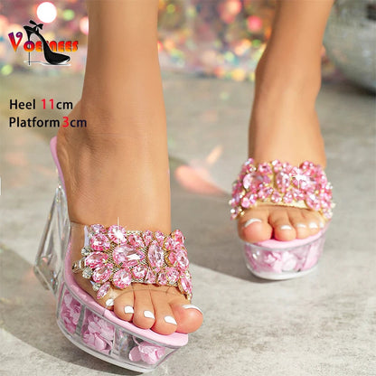 Women Wedge Heel 11CM Nightclub High Heels Sandals Trendy Hotel Nightclub Clear Luxury Banquet Crystal PU Rubber Slides Slippers Good Vibrations