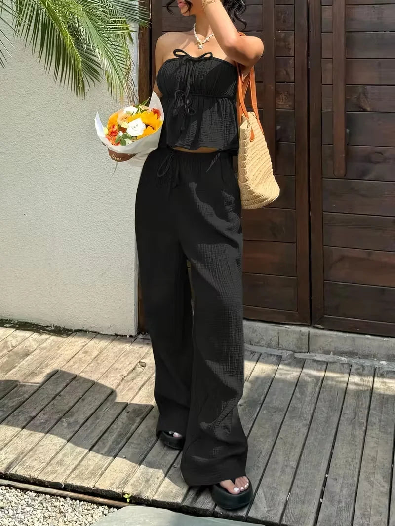 2 Piece Sets Woman Outfits, New Women's Casual Two-Piece Lace Up Top and Pants Good Vibrations