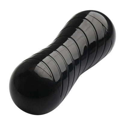 Black silicone male masturbation cup with dual-head design for enhanced pleasure.