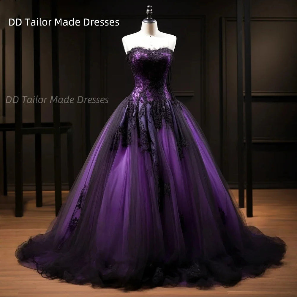 Classic Black And Purple Wedding Dress Court Train Sweetheart Sleeveless Tulle Long Vintage Gothic Bride Gown Customized Good Vibrations