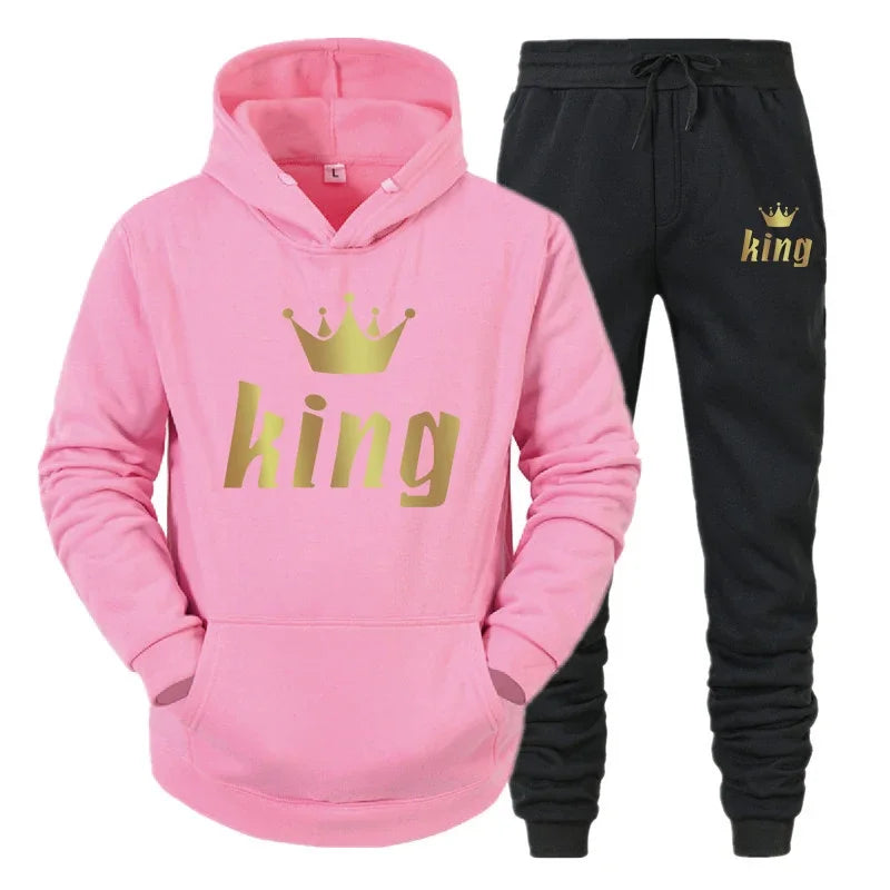 King And Queen Couple Outfit Hoodie and Jogger Pants High Quality Men Women Daily Casual Sport Jogging Suit King Queen Tracksuit Good Vibrations