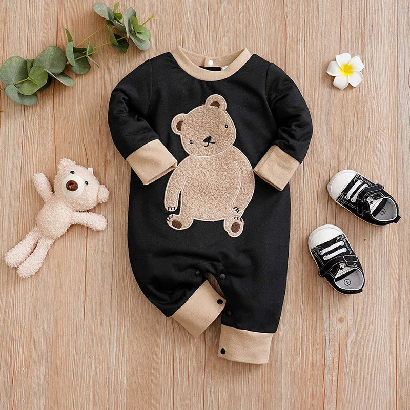Baby Jumpsuit Cute Cartoon Teddy Bear Short Plush Embroidery Comfortable Spring And Autumn Long Sleeves 0-18m Newborn Clothes Good Vibrations