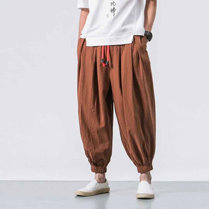 Cotton Linen Harem Pants Men Solid Elastic Waist Streetwear Joggers 2023 New Baggy Drop-crotch Pants Casual Trousers Men Good Vibrations