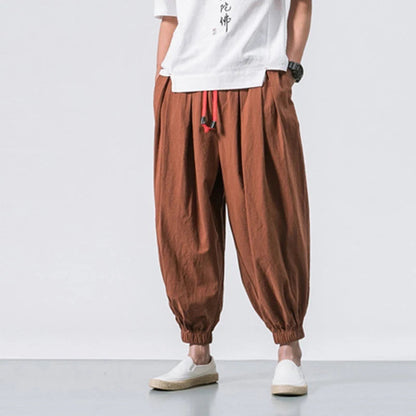 Cotton Linen Harem Pants Men Solid Elastic Waist Streetwear Joggers 2023 New Baggy Drop-crotch Pants Casual Trousers Men Good Vibrations