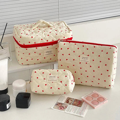 Ins Fashion Heart Women Quilted Makeup Bag Large Capacity Toiletry Cosmetic Storage Pouch Handbag Ladies Zipper Make Up Bag Good Vibrations