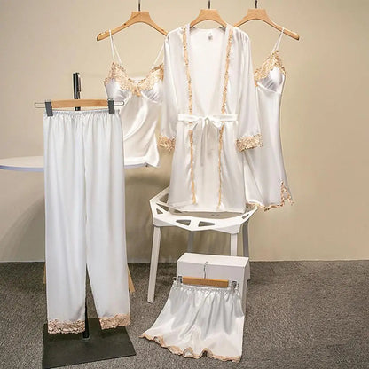 5 Pcs/Set Women Pajamas Set Nightgown Nightdress Top Shorts Pants Set Silky Satin Lace Lace-up Waist Thin Homewear Sleepwear Set Good Vibrations