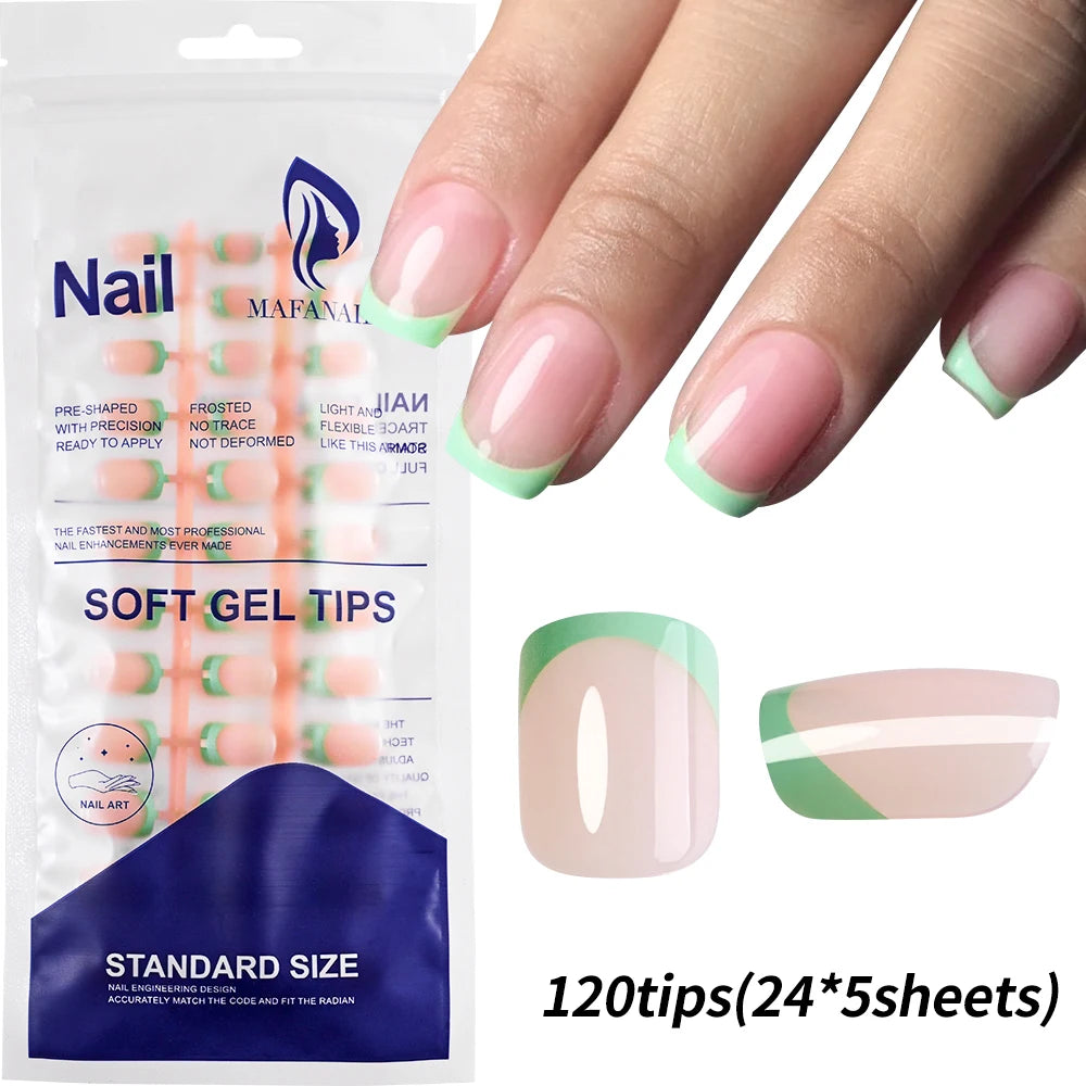 120pcs Pink French Tip Press-On Nails Medium Length Square Shape With Glossy Finish False Nails Full Cover Pre-Shaped Fake Nails Good Vibrations