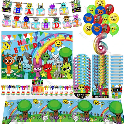 Incredibox Sprunki Birthday Party Decoration Balloon Tableware Backdrop Cake Topper Split Sales Sprunki Birthday Party Supplies