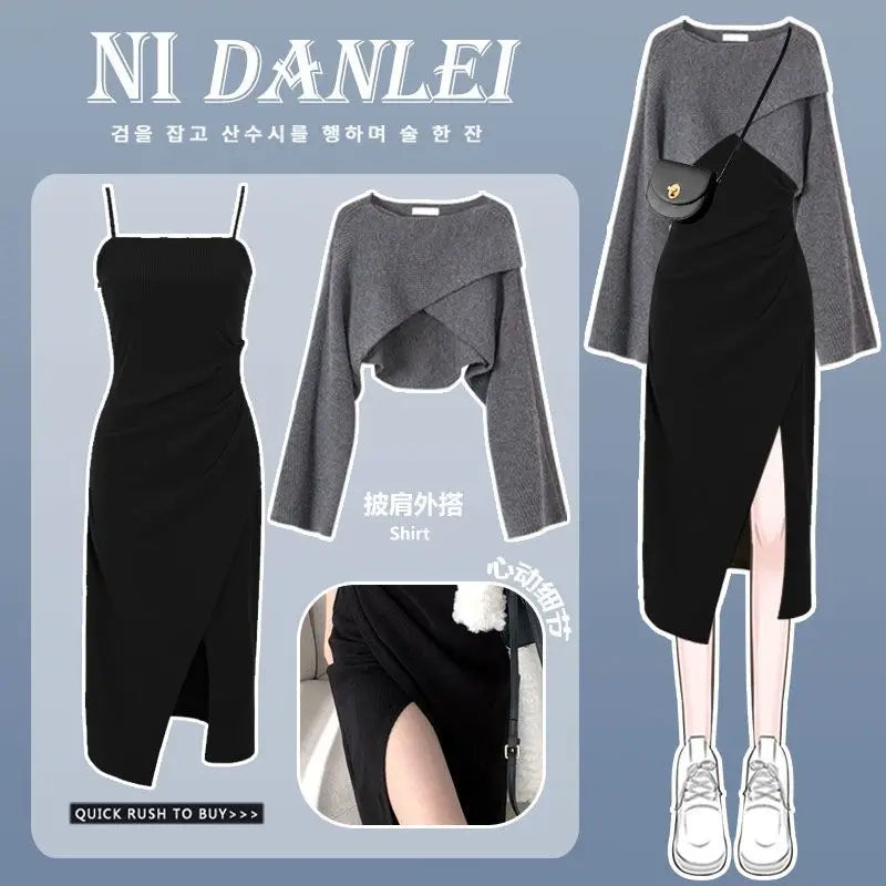 Women Dress 2 Piece Sets Strap Vintage Dresses Long Sleeve Tops Female Outfits New Spring Fall Good Vibrations