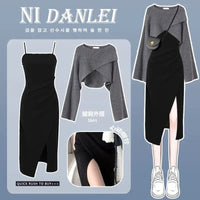 Women Dress 2 Piece Sets Strap Vintage Dresses Long Sleeve Tops Female Outfits New Spring Fall Good Vibrations