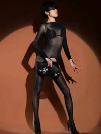 Shiny High Cut Patchwork Hook Finger Bodystocking Nylon Catsuit Close Open Crotch Bodysuit Tight Sexy Leotard Conjoined Lingerie GOOD Vibrations