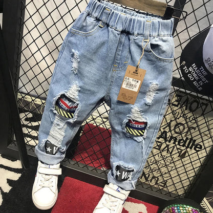 Boys Jeans Fashion Hole New Children Straight Cylinder Casual Jeans Spring Autumn Korean Style Elastic Waist Kids 3-8Ys Trousers Good Vibrations