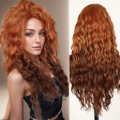 GNIMEGIL Synthetic Long Wave Cur Wigs Female Natural Brown Wig with Clip Free Part Side Bangs 80s Curly Wigs for Women Ombre Wig Good Vibrations
