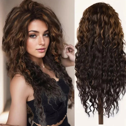 GNIMEGIL Synthetic Long Wave Cur Wigs Female Natural Brown Wig with Clip Free Part Side Bangs 80s Curly Wigs for Women Ombre Wig Good Vibrations