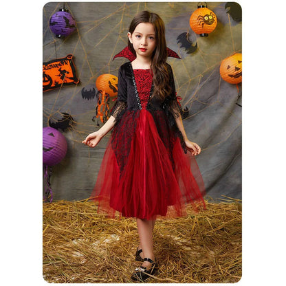 Vampire Costume for Girls Halloween Princess Party Dress Kids Cosplay Dresses Children Stand Collar Tulle Lace Black Red Clothes Good Vibrations
