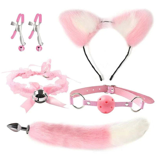 VaHppy SM BDSM Sex Toy Sets role-playing Fox 5pcs/lot Plush Anal Plug Tail Bell Collar Mouth Plugs White/Black/Pink Couple games GOOD Vibrations