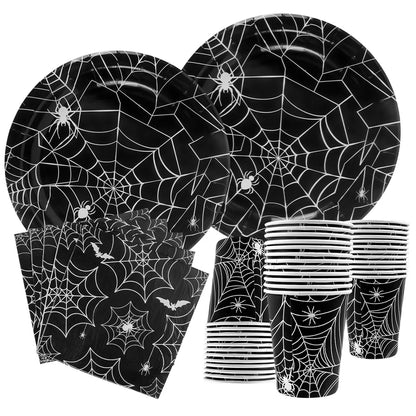 Halloween Party Spider Web Disposable Tableware Black Paper Plates Cups Napkins Halloween Party Home Decorations Supplies Good Vibrations