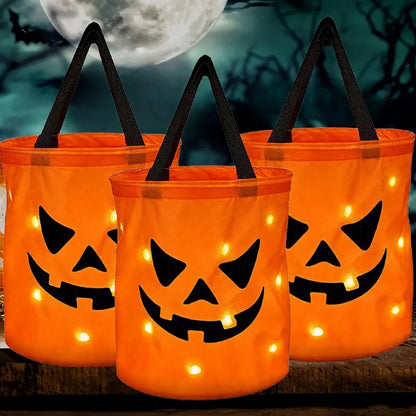 1-20PC LEDLight Up Halloween Pumpkin Candy Tote Bag Basket for Kids Trick or Treat Party Bucket for Holiday Event Decoration Use Good Vibrations