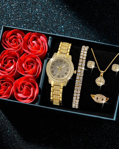 6Pcs Fashion Luxury Women Watch Necklace Earrings Ring Set For Women Rhinestone Wristwatch Bracelet Set Valentine's Day Gift Good Vibrations