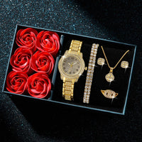 6Pcs Fashion Luxury Women Watch Necklace Earrings Ring Set For Women Rhinestone Wristwatch Bracelet Set Valentine's Day Gift Good Vibrations