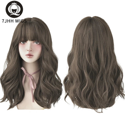 7JHHWIGS Long Wavy Synthetic Black Wigs For Women With Fringe Fashion Heat Resistant Mid-Length Daily Straight Light Brown Hair Good Vibrations