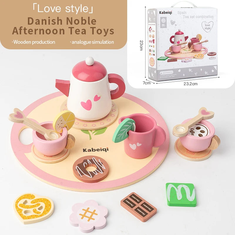 Wooden Kitchen Play Toys Kitchen Simulation Tea Set Afternoon Tea Activity Games Pretend Play Kitchen Accessories Toy for Kids Good Vibrations