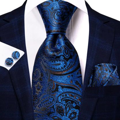 Hi-Tie Navy Blue Solid Paisley Silk Wedding Tie For Men Hanky Cufflink Mens Necktie Set Business Party New Design Dropshipping Good Vibrations